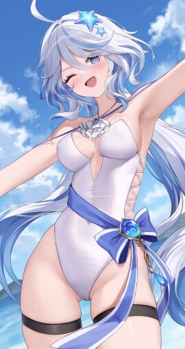 1girls 2d 2d_(artwork) alternate_costume blue_eyes blue_hair breasts cameltoe clouds day female female_focus female_only front_view furina_(genshin_impact) genshin_impact high_resolution highres light-skinned_female light_skin long_hair looking_at_viewer lunacle medium_breasts ocean one_eye_closed one_piece_swimsuit outdoors pussy sky slim_female smiling smiling_at_viewer solo solo_female solo_focus standing summer swimsuit tight_clothing two-tone_hair vision_(genshin_impact) water wet wet_body white_hair white_swimsuit young younger_female
