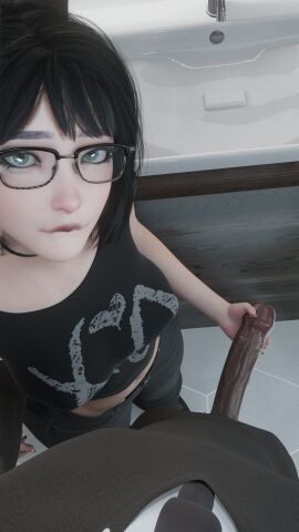 1boy 1girls 2025 3d bathroom bathroom_sink black_hair blue_eyes breasts clothed clothed_female clothed_male covered_nipples dark-skinned_male dark_skin duo eunji_(mslewd) eyeglasses eyeliner eyewear female foreplay foreskin glasses handjob indoors interracial legs_apart lip_bite lipstick loodiverse looking_at_viewer loving_look male medium_breasts medium_hair midriff midriff_baring_shirt mslewd navel nipple_bulge original original_character penis penis_out pov standing straight tight_clothing uncircumcised uncircumcised_penis