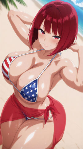 1girls 4k 4k_resolution 8k ai_generated american_flag_bikini arima_kana beach bikini breasts female female_focus hands_behind_head hi_res hires large_breasts light-skinned_female light_skin looking_at_viewer oshi_no_ko red_eyes red_hair shiny_skin short_hair swimsuit tagme thick_thighs thighs upscaled wide_hips