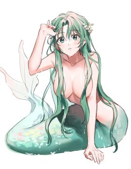 bare_arms bare_shoulders big_breasts blush breasts casual_nudity collarbone completely_nude convenient_censoring female green_eyes green_hair hair_censor hair_ornament hand_in_own_hair hand_on_floor higurashi_no_naku_koro_ni long_hair merfolk mermaid nonanonnon6u6 nude on_floor parted_lips sonozaki_shion wet_body wet_hair