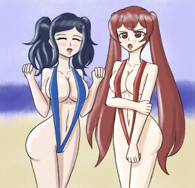 2girls angry arm_grab ass bare_arms bare_midriff bare_shoulders bare_thighs beach big_ass blue_hair blue_one-piece_swimsuit blue_swimsuit breasts cleavage closed_eyes collarbone cynthia_(fire_emblem) embarrassed female female_only fire_emblem fire_emblem_awakening hen_nerd large_breasts long_hair medium_breasts medium_hair midriff multiple_females multiple_girls nintendo ocean one-piece_swimsuit open_mouth outdoors red_eyes red_hair red_one-piece_swimsuit red_swimsuit revealing_clothes severa_(fire_emblem) shoulders sideboob slingshot_swimsuit smile story_at_source swimsuit thighs twintails very_long_hair