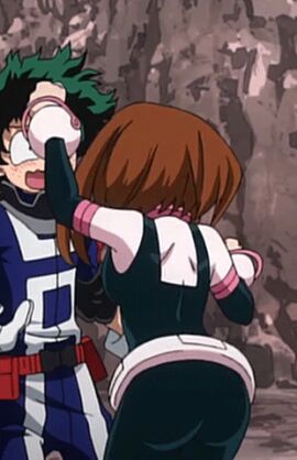 1boy 1girls animated anime_screencap anime_screenshot ass black_bodysuit bodysuit boku_no_hero_academia brown_hair embarrassed green_hair izuku_midoriya lowres midoriya_izuku multicolored_bodysuit my_hero_academia ochako_uraraka ochako_uraraka_(hero_outfit) pink_bodysuit screencap screenshot short_hair sidelocks skin_tight superhero superhero_costume superheroine u.a._gym_uniform uraraka_ochako uraraka_ochako_(hero_outfit) white_bodysuit