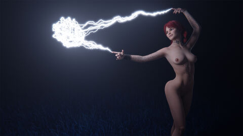 3d 3d_(artwork) akidia alice_(akidia) black_fingernails bracelet bracelets braid braided_hair braided_twintails breasts female forest grass green_eyes light-skinned_female light_skin lightning magic naked naked_female night original original_character red_hair small_breasts smiling tagme tattoo tattoos