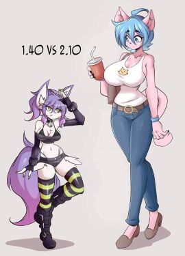 2girls big_breasts breasts cleavage female furry hiel_(lucyfercomic) huge_breasts kat_(lucyfercomic) lucyfercomic original size_difference tagme thick_thighs wide_hips