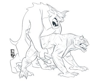 aerosaur83 anal anal_sex balls bronx_(gargoyles) claws crossover demon disney doggy_style duo erection fangs feral feral_on_feral from_behind_position gargoyle gargoyles genitals ghostbusters hi_res horn line_art male male/male male_only monochrome monster penetration penis sex teeth terror_dog