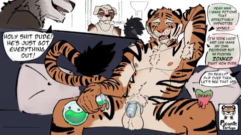 16:9 anthro arm_tuft armpit_hair avian background_character balls balls_tuft bird bodily_fluids body_hair canid canine canis casual_chastity casual_exposure casual_nudity chastity_cage chastity_cage_only chastity_device chastity_device_only corvid corvus_(genus) crow dialogue domestic_dog drooling english_text exhibitionism felid feline fur furniture genitals group hands_behind_head hi_res hypnosis liquid male male/male mammal markings mind_control narrowed_eyes navel nervous nervous_sweat nipple_piercing nipples nude on_sofa open_mouth orange_body orange_fur oscine pantherine party passerine penis picantetortuga piercing pillow potion potion_bottle presenting profanity pubes raised_arm ringed_eyes saggy_balls saliva sitting smile sofa speech_bubble spiral_eyes striped_markings stripes submissive submissive_male tail talking_to_another teeth text text_with_heart tiger tongue tuft white_body white_fur widescreen wolf