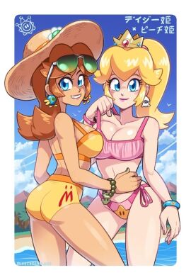 2girls ass beach bikini blue_eyes blue_sky breasts cleavage cloud crown dark-skinned_female dark_skin datskelebutt eyewear_on_head female hat large_breasts long_hair mario_(series) medium_hair mike_luckas multiple_females multiple_girls nintendo ocean orange_hair ponytail princess_daisy princess_peach shine_sprite sky sunglasses swimsuit water