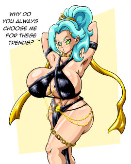 arms_up big_breasts blue_hair breasts dress female green_eyes huge_breasts oc original ponytail superspacewarrior thick_thighs volta_(superspacewarrior) wide_hips