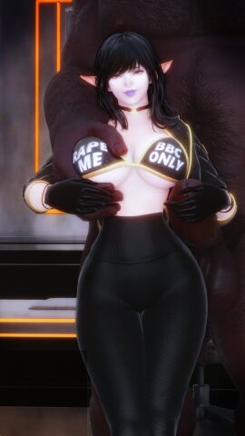 1boy 1girls 3d big_breasts bra breast_grab breasts choker clothing cutebuneira dark-skinned_male dark_skin elezen elf elf_ears elf_female female final_fantasy_xiv gpose_(ffxiv) imminent_rape interracial male muscular muscular_male original_character rapebait smile voluptuous yoga_pants