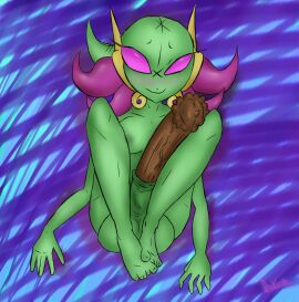 balls big_balls blush brown_penis dark_penis erection eyelashes feet feet_on_balls female femengumisi futanari goblin_female green_skin horns intersex legs long_cock looking_at_viewer monster_girl original penis pink_eyes self_insert signature solo stitches tagme toes