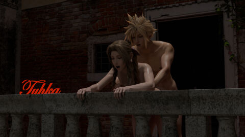 1boy 1girls 3d aerith_gainsborough balcony blonde-haired_male blonde_hair closed_eyes cloud_strife female final_fantasy final_fantasy_vii final_fantasy_vii_rebirth final_fantasy_vii_remake from_behind_position implied_sex light-skinned_female light_skin male male/female naked nude open_mouth outdoor_nudity outdoor_sex outdoors outside outside_sex pleasure_face spiky_hair standing_doggy_style standing_sex straight