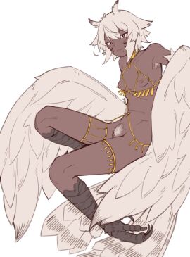 bird_legs bird_tail breasts dark-skinned_female dark_skin feather_hair feathered_wings feathers female female_pubic_hair harpy kokuya28 looking_at_viewer monster_girl navel navel_piercing nipple_piercing nipples nude original parted_lips piercing pubic_hair pussy short_hair simple_background small_breasts solo tail talons uncensored white_background white_feathers white_hair white_pubic_hair white_wings winged_arms wings