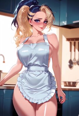 ai_generated ai_video akali akali_jhomen_tethi animated animation apron apron_only balecxi black_hair blonde_hair blue_eyes blush bouncing_breasts embarassed female indoors k/da_(league_of_legends) kitchen large_breasts league_of_legends looking_at_viewer no_sound ponytail shy solo stay_blocky tagme thick_thighs two-tone_hair video walking