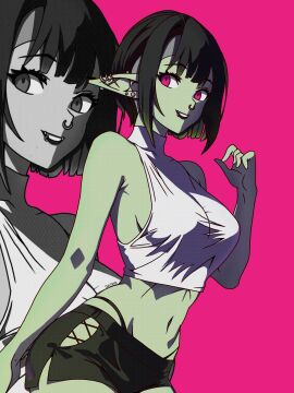 1girls 2024 artist_signature azala_frostreaver black_hair breasts canuckuma ear_piercing earrings female female_focus female_only green_skin grey_body lip_piercing long_ears midriff midriff_baring_shirt navel orc orc_female original pinup pointy_ears red_eyes short_hair shorts sideboob solo solo_female solo_focus thong_straps