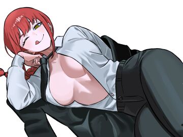 big_breasts breasts business_suit chainsaw_man exposed_chest female invitation long_red_hair lying_down makima_(chainsaw_man) non_nude one_eye_closed red_hair red_hair_female shirt_open sole_female tongue_out unbuttoned_shirt unbuttoned_topwear zeon_(zzeeonn) zeon_j