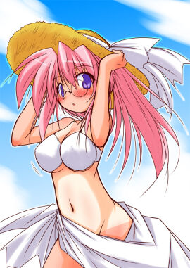 1girls bikini blue_eyes female glasses lucky_star miyuki_takara outdoors pink_hair solo sunhat tagme umesato_yukino