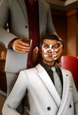 2boys 3d_(artwork) annoyed_expression asian bar black_hair black_shirt blender blush clothed clothed_male cum_collecting cum_on_face dubious_consent face_grab facial glass_cup grey_suit hand_on_face handing_over kiryu_kazuma koitears like_a_dragon_(series) looking_annoyed looking_up male male/male male_focus male_only masculine nishikiyama_akira offering pants_down peeking_out penis penis_peek red_shirt rough_sex ryuu_ga_gotoku self-upload slicked_back_hair unseen_male_face warm_lighting white_suit white_tie yakuza_(series)