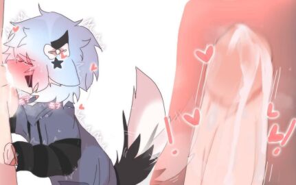 2boys animal animal_ears animal_tail big_penis black_tail blowjob blowjob_only blue_ears blue_hair blush bow bow_on_head chibi_style closed_eyes colored_hair crying cum cum_in_mouth femboy fox fox_boy fox_ears fox_tail gacha gacha_club gacha_heat gacha_life gay hearts_around_head hearts_around_penis horns japanese_text kioshi_(shortskioshik) male male_only penis penis_in_mouth purple_jacket short_hair shortskioshik star_hair_ornament tagme tears text white_bow x-ray
