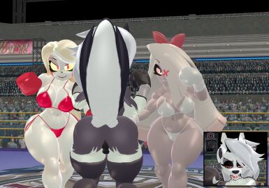 2v1 3d 3d_(artwork) 3girls anthro arena ass belmont-01 big_ass big_breasts big_butt big_thighs bikini black_boxing_gloves black_gloves boxing boxing_gloves boxing_match boxing_ring breasts catfight charlie_morningstar_(hazbin_hotel) crossover double_gut_punch fat_ass female female_focus female_only fight fighting fighting_ring furry gloves gut_punch hazbin_hotel hellhound helluva_boss huge_breasts indoors large_ass large_breasts loona_(helluva_boss) punch punching punching_stomach red_bikini red_boxing_gloves red_gloves stomach_punch teamwork thick thick_ass thick_butt thick_thighs thighs vaggie_(hazbin_hotel) vs white_bikini white_boxing_gloves white_gloves wide_hips wolf_girl wolf_humanoid