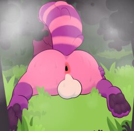 2024 anthro anus ass backsack balls ballsack beanshaped big_ass big_butt bodily_fluids detailed_background fur genitals grass male markings multicolored_body multicolored_fur pink_body pink_fur plant shrub solo striped_markings striped_tail stripes sweat sweaty_ass sweaty_butt tail tail_markings
