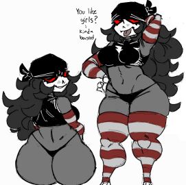 1girls ass back_view bandana behind_view big_ass big_butt black black_hair bom_(ghastlybum) breasts colored crop_top dialogue female female_focus female_only front_view ghastlybum grey_body long_hair looking_at_viewer looking_back panties rear_view red_sclera scared_bum sitting skull_head solo solo_female solo_focus striped_armwear striped_legwear tagme text thick thick_thighs thighhighs thighs tongue tongue_out wrapped_arms