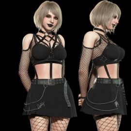 1girls 3d ashley_graham ashley_graham_(ella_freya) bare_legs bare_shoulders big_breasts blonde_hair bob_cut breasts choker female fishnets front_view game_mod goth goth_girl gothic human ingame_model light-skinned_female light_skin lipstick medium_hair resident_evil resident_evil_4 resident_evil_4_remake short_hair side_view skirt solo straight_hair top topwear