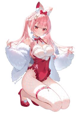 1girls artist_name blush bunny_ears bunnysuit cleavage earrings fake_animal_ears female female_only fishnet_legwear fishnets full_body fur_coat hair_ornament nail_polish original pink_hair pumps red_eyes rosuuri simple_background smile solo twintails white_background