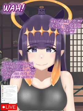 1girls bangs bangs_between_eyes bare_shoulders blue_eyes blunt_bangs breasts chat chat_log collarbone comments default_skin diamond_hairband eddarxart english_text exercise exercising eyebrows eyelashes eyes_visible_through_hair facing_viewer fan_mascot_(vtuber) female gradient_hair hairband halo hololive hololive_english hololive_myth japanese_house livestream livestreaming long_hair mole mole_under_eye multicolored_hair ninomae_ina'nis pointy_ears preparing purple_hair sidelocks small_breasts smile smiling solo_focus sports_bra sportswear streaming takodachi takodachi_(ninomae_ina'nis) talking_to_viewer tentacle_hair tiara training_bra virtual_youtuber vtuber youtube