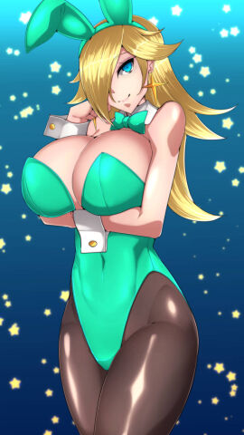 1girls blonde_hair blue_eyes blue_leotard breasts bunny_ears byakkun_(byakkun8181) earrings fake_animal_ears female hair_over_one_eye large_breasts leotard long_hair looking_at_viewer mario_(series) nintendo pantyhose playboy_bunny princess_rosalina star_earrings wrist_cuffs