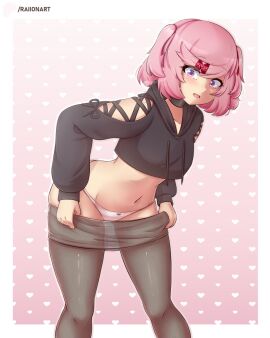 1girls ass belly_button bent_over big_ass big_butt bow bow_panties bubble_ass bubble_butt doki_doki_literature_club embarrassed embarrassed_female embarrassed_underwear_female embarrassed_undressed_female euf female female_only human leaning_forward leggings long_sleeves looking_at_viewer natsuki_(doki_doki_literature_club) panties pants_down petite petite_body petite_female pink_hair raionart short_hair slim_waist solo surprised surprised_expression sweater teenager thick_thighs underwear undressed wide_hips