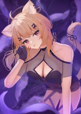 1girls ahoge animal_ear_fluff animal_ears bangs bare_shoulders beret black_dress black_gloves black_headwear blonde_hair blush breasts cat_ears cat_girl cat_tail catgirl cleavage cleavage_cutout dress earrings eyebrows_visible_through_hair face_markings female female_only gloves hair_ornament hair_ribbon hairclip halterneck hand_up hat long_hair looking_at_viewer medium_breasts moon parted_lips red_eyes ribbon see-through sleeveless solo squchan_(vtuber) tail tail_raised tail_ribbon tongue tongue_out twintails virtual_youtuber vyugen