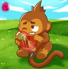 anus balloon balls bloons_tower_defense bodily_fluids brown_body brown_fur cum cum_inside dart dart_monkey dart_monkey_(bloons) fur genital_fluids genitals haplorhine inflatable kakau221 male mammal monkey ninja_kiwi penis primate solo solo_male tail