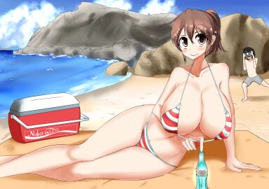 1boy aen030 arm_support aya_shootcrow beach beach_towel bikini blush bottle breasts brown_hair camera cleavage cloud curvy day dot_nose facing_viewer fallout_(series) feet_out_of_frame female flip-flops genderswap genderswap_(ftm) grey_male_swimwear grey_swim_trunks hakurei_reimu high_ponytail highres huge_breasts kureha_reimu legs_together looking_at_viewer lying male male_swimwear nuka_cola nuka_cola_quantum ocean on_side outdoors pubic_hair pubic_hair_peek rule_63 sandals shameimaru_aya short_hair sideboob sky smile solo_focus striped_bikini striped_clothes swim_trunks swimsuit taking_picture touhou towel yukkuri_to_rooru_suru_trpg