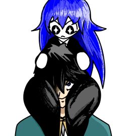 black_hair blue_hair bongbong kono_subarashii_sekai_ni_shukufuku_wo! lobotomy_corporation piggyback project_moon satou_kazuma_(cosplay) simple_background starry_eyes suit sweat sweatdrop thick_thighs white_background