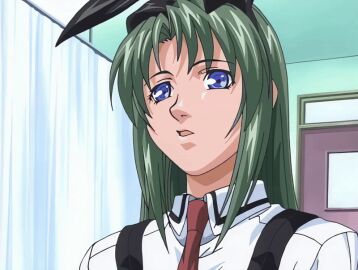 00s 1girls 2001 animal_ears animated bible_black bible_black_night_of_the_walpulgiss blue_eyes bunny_ears female green_hair ito_mika long_hair necktie rabbit_ears red_skirt school_uniform shoes skirt tagme