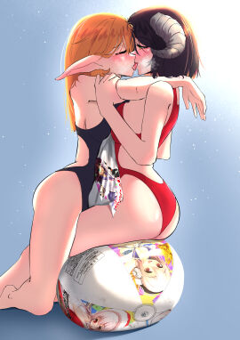 2girls akate ass ball_(object) beach_ball big_ass black_hair blonde_hair breasts competition_swimsuit demon demon_girl elf elf_ears female french_kiss hugging inflatable kissing love making_out original_character pointy_ears popped_beach_ball sit_to_pop sitting sitting_on_ball sitting_on_beach_ball swimsuit yuri