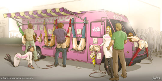 10girls 3boys 6+girls ass bondage clothed_female_nude_female clothed_male_nude_female commodification cum_in_pussy cum_on_body cumdrip cumdump dark-skinned_female dark_skin erenisch fellatio female leash legal_slavery legs_up male orgy original public public_use pussy restrained sex slave stationary_restraints thighhighs truck