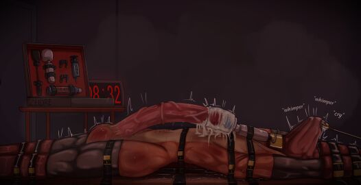 abandonment_play absurd_res animal_genitalia animal_penis anthro armbinder balls binder_(restraint) bite_mark blue_balls bodily_fluids bondage_gear dialogue dominick_(zeidre) equid equine equine_genitalia equine_penis genitals hi_res hitachi_magic_wand hood legbinder long_term_bondage male mammal overstimulation penile penis restraints scratches scratching sex_toy snot solo strapped_down vibrator vibrator_on_penis wand_vibrator zeidre