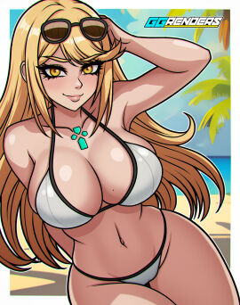 1girls beach bikini blonde_hair breasts cleavage clouds core_crystal female ggrenders large_breasts long_hair looking_at_viewer midriff mole mole_on_breast mole_on_stomach mythra navel nintendo ocean palm_tree sky sunglasses sunglasses_on_head swimsuit water white_bikini white_swimsuit xenoblade_(series) xenoblade_chronicles_2 yellow_eyes