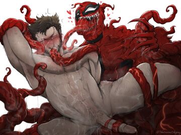 2boys anal baimonbluewhale blush boner brown_hair chest_hair cum deadpool erection full-face_blush gay heart long_tongue male male_only marvel marvel_comics nipples nude pectorals penis saliva sex short_hair symbiote tentacle tentacle_sex tongue tongue_out venom_(marvel) venompool wolverine_(x-men) x-men yaoi