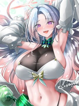 @_@ armpits arms_up azur_lane bare_shoulders blue_hair blush bow bowtie breasts cg cleavage detached_sleeves female ganj-i-sawai_(azur_lane) gradient_hair green_bow grey_hair halo highleg huge_breasts large_breasts long_hair long_sleeves looking_at_viewer midriff multicolored_hair navel open_mouth parted_bangs pink_hair purple_eyes sideboob signature smile solo stomach teeth upper_body white_sleeves