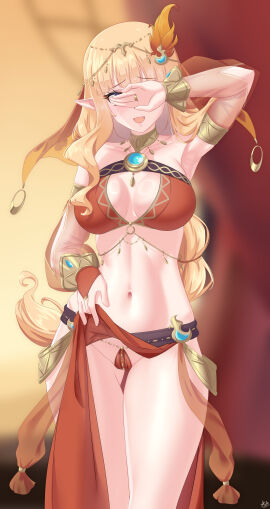alternate_costume arada_(corsair_zero) armlet armpits belly_dancer_outfit blonde_hair blue_eyes blush blushing_at_viewer braided_ponytail circlet corsairzero11 covering_eyes dancer dancer_outfit detached_sleeves elf elf_girl female fire_hair_ornament gold_trim golden_bracelets hair_jewelry hair_ornament harem_girl harem_outfit lifting_own_clothes lifting_skirt midriff navel neck_ring o-ring princess_connect! saren_(princess_connect!) saren_(sarasaria)_(princess_connect!) sarong sarong_aside sarong_lift sidelocks solo_female solo_focus thick_thighs veil wavy_hair