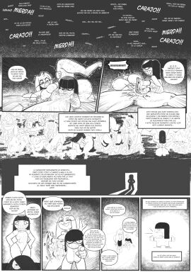 1boy 2girls bangs big_breasts black_hair breasts comic cunnilingus dialogue doppelganger english_text female femboy furry lesbian_sex long_hair male monochrome north_star_500 nun rabbit spanish_text text translation_request yuri