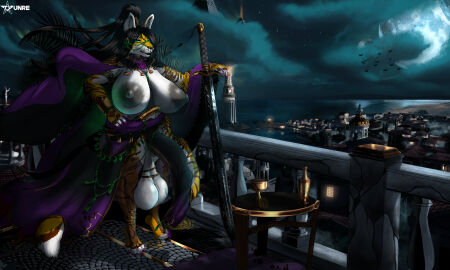 2022 5:3 anthro areola balcony balls big_areola big_balls big_breasts big_nipples big_penis black_hair breasts cape claws clothed clothing container countershading cup digital_media_(artwork) digitigrade felid flaccid footwear furniture futanari genitals goblet green_eyes hair hi_res huge_areola huge_balls huge_breasts huge_cock huge_nipples humanoid_genitalia humanoid_penis hyper hyper_genitalia hyper_penis intersex jewelry mammal melee_weapon night nipples pantherine penis purple_claws robe skimpy solo sword table tiger topless tyunre vein veiny_breasts weapon zhali