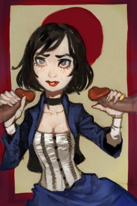 1girls 2boys 2d bioshock bioshock_infinite black_hair blue_eyes bolero breasts busty cleavage corset dress elizabeth_comstock female female_focus handjob hourglass_figure male mossa partial_male penis red_lipstick short_hair straight wide_hips