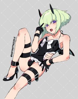 bratty bulge crossdressing femboy gloves heels instanttnoodle lio_fotia male middle_finger promare succubus_costume twink