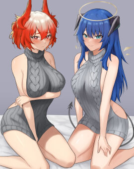 2024 2girls arknights bare_arms bare_shoulders blue_eyes blue_hair breasts fangsod female fiammetta_(arknights) grey_sweater halo hi_res horns large_breasts long_hair looking_at_viewer meme_attire mostima_(arknights) multiple_females multiple_girls pointy_hair red_eyes red_hair short_hair simple_background sitting sleeveless sleeveless_turtleneck sweater tail thighs turtleneck very_long_hair virgin_killer_sweater