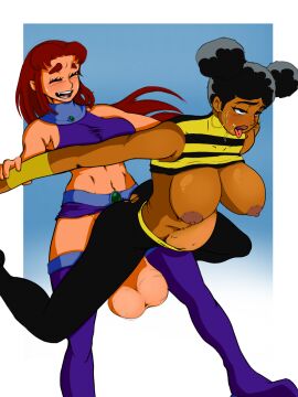 1futa 1girls abs alien alien_futa arms_behind_back balls bent_over big_breasts black_female black_hair boots breasts brown_skin bumblebee_(dc) clothed clothed_sex clothing color dark-skinned_female dark_skin dc dc_comics duo erection female fucked_senseless futa_on_female futanari happy hentaidges hoop_earrings huge_balls huge_cock human humanoid intersex karen_beecher large_breasts leather_pants light-skinned_futa light_skin mostly_clothed penis purple_boots red_hair ripped_clothing rolling_eyes sex skirt smile standing_sex starfire stockings stomach_bulge teen_titans thigh_boots thigh_high_boots tongue tongue_out torn_clothes torn_legwear