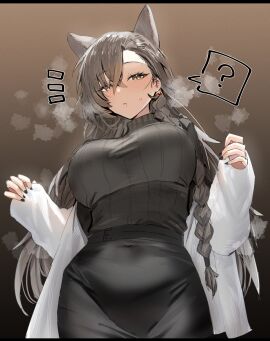 1girls animal_ears arknights belly big_breasts black_nails braided_hair breasts chest coat earrings eyelashes female female_only grey_hair hair_between_eyes highres horn/wood kemonomimi large_breasts light-skinned_female light_skin long_hair looking_at_viewer looking_down looking_down_at_viewer mature_female nail_polish navel_visible_through_clothes open_clothes open_coat parted_lips penance_(arknights) penance_(occasionally_flushed)_(arknights) skirt solo spoken_question_mark steaming_body surprised sweatdrop sweater tight_clothing yellow_eyes