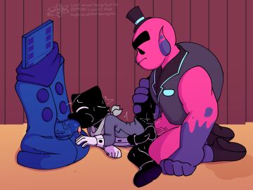 3boys ace_(undertale_yellow) anal_sex black_fur card_guy_(undertale_yellow) double_penetration ed_(undertale_yellow) gay leg_lift male male_only no_pants object_head ogre oral_sex pink_skin size_difference undertale undertale_(series) undertale_yellow v01dfvkr yaoi